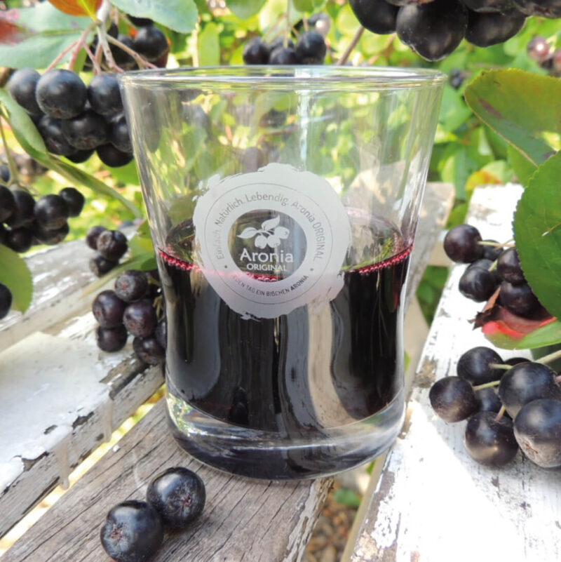 Aronia juice in a glass with aronia berries