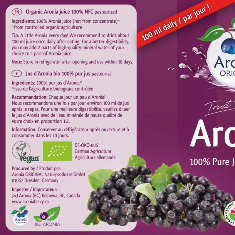 Label left side of Aronia berry juice USA bottle
